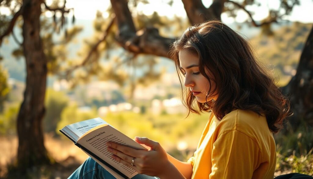 Joven leyendo un libro de poesía catalana en un entorno natural
