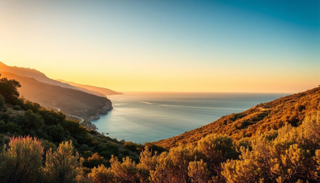Paisaje mediterráneo catalán con mar y montaña, tema recurrente en la poesía catalana